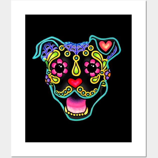 Smiling Pit Bull in Black - Day of the Dead Pitbull Sugar Skull Dog Wall Art by prettyinink